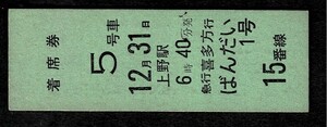 国鉄　東北本線　急行ばんだい１号　喜多方ゆき　着席券　上野駅　50円券