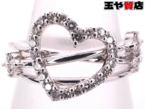 ポンテヴェキオ 美品 ダイヤ 0.17ct オープンハート デザイン リング 9号 K18WG ホワイトゴールド