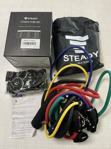 【未使用】 STEADY JAPAN トレーニングチューブ 強度別5本セット 動画・収納袋付 ステディ ST104 フィットネスバンド ゴムチューブ 筋トレ