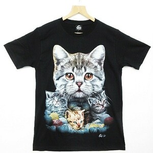 【送料無料】0066 新品 半袖Tシャツ 猫 ねこ ネコ 子猫 アニマルTシャツ 両面プリント 黒 メンズS レディースM 男女兼用■管理番号 TB301