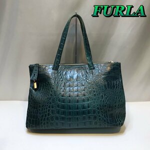 ＦＵＲＬＡ フルラ バッグ ハンドバッグ クロコダイル型押 グリーン 深緑 大き目 レディース エメラルドグリーン 婦人 鞄/252