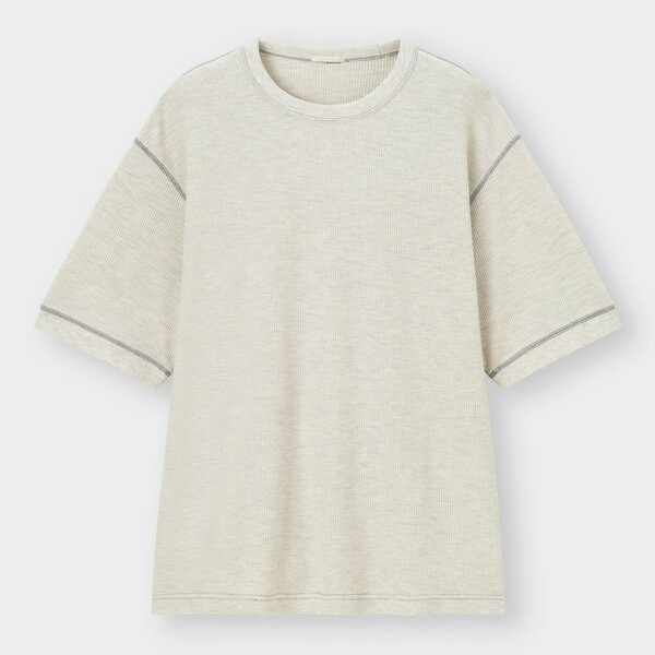 メンズ Mサイズ 新品 ワッフルTシャツ ステッチ 5分袖 ナチュラル(ホワイトとライトグレーを混ぜたような色味) GU 綿80% 男女兼用 送料無料
