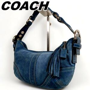 COACH コーチ ハンドバッグ ワンハンドル タッセル フリンジ スウェード ポーチ ショルダーバッグ 肩掛け レディース スエード ネイビー