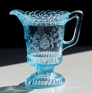 希少！1874年 Adam ＆Co ブルー ワイルドフラワー ダイヤモンド クリーマー ピッチャー ソース入れ アメリカ アンティーク プレスガラス