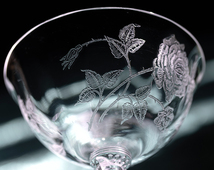 1940年～ ヘイシー ローズ 薔薇 エッチング クリスタル シャンパン カクテルグラス フラワー 花 バラ 酒 アンティーク デザートグラス_画像3