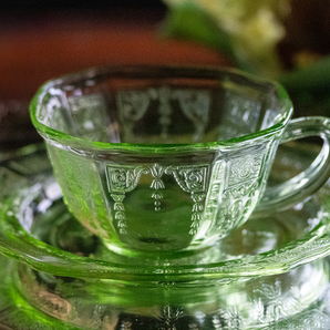 1930年代 アンカーホッキング プリンセス グリーン カップ & ソーサー コーヒー 紅茶 ティー アンティーク ウランガラス ヴァセリングラスの画像1