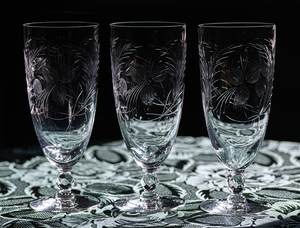 ティフィン クリスタル ダイアン フラワー カッティング ゴブレット アイスティーグラス 3個セット 酒 アメリカ ビンテージ アンティーク
