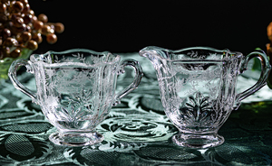 1940年代 フォストリア クリスタル チンツ エッチング シュガー & クリーマー コーヒー ティー 紅茶 アンティーク シュガーポット