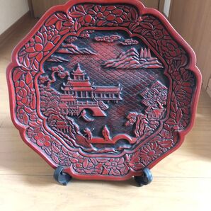 ○鎌倉彫 中国堆朱 堆朱盆 お盆 木彫 工芸品 大皿 飾り皿 漆器 飾皿 骨董品 美術品