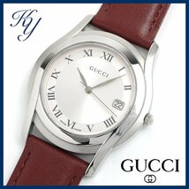 1円～ 3ヶ月保証付き 磨き済み 美品 本物 定番 人気 GUCCI グッチ 5500M 革ベルト シルバー メンズ 時計_画像1