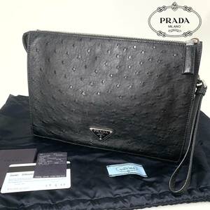 1円【新品未使用】希少品 PRADA プラダ クラッチバッグ セカンドバッグ オーストリッチ 銀座店購入 メンズ レディース 三角ロゴ ブラック