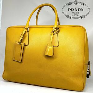 1円【極美品】プラダ PRADA ブリーフケース ビジネスバッグ メンズ 書類かばん 三角ロゴ サフィアーノレザー イエロー 黄色