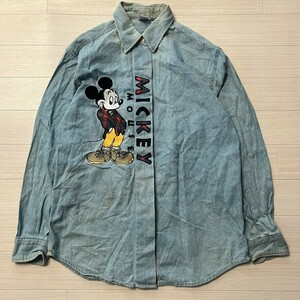 MICKEY ミッキー ディズニー ミッキーマウス刺繍入り デニムシャツ 長袖　インディゴ　サイズM　vintage デニムジャケット