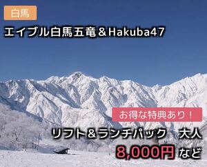 エイブル白馬五竜＆Hakuba47 リフト＆ランチパック　大人（ゴンドラ・リフト1日券+食事券1,000円分）1枚 8,000 円