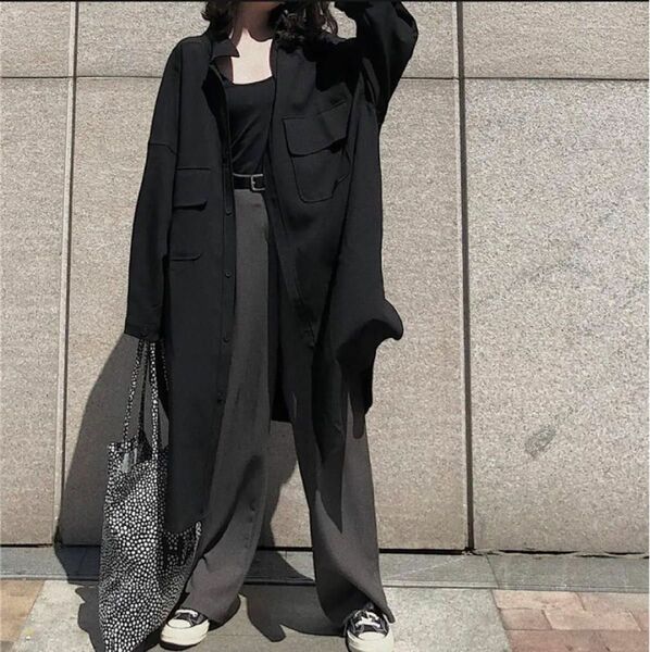 ロングシャツ 黒　シャツコート シャツ コート ロング丈 長袖 韓国ファッション