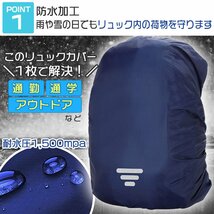 リュック レインカバー 光反射 収納袋付 ネイビー Mサイズ 35～45L_画像3