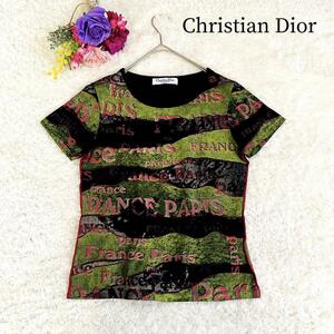 希少■Christian Dior クリスチャンディオール■総柄Tシャツ ガリアーノ期 半袖Tシャツ USA6 S相当 コットン マルチカラー ボーダー