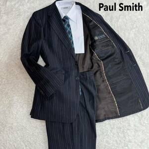 1円〜 Paul Smith ポールスミス【最高級の一品】イタリア 製生地使用 セットアップスーツ ストライプ 高級ウール 100% ネイビー Lサイズ 