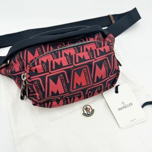 1円 「未使用級」 MONCLER モンクレール DURANCE ボディバッグ ウエストポーチ BELT BAG 総柄 ナイロンパッチ ナイロン レザー レッド 