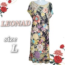  LEONARD レオナール 半袖 花柄 ワンピース ストレッチ ひざ丈 ブラック size L_画像1