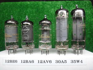 ラジオの真空管中古5本セット　　12BE6、12BA6、12AV6、30A5、35W4　　その24　　実動作チェツク済　　W 1910(整理番号)