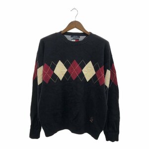 90年代 TOMMY HILFIGER トミーヒルフィガー コットン セーター アーガイル ネイビーブラック (メンズ XL) 中古 古着 P6769