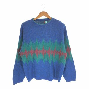 80年代 イタリア製 BENETTON ベネトン アクリル セーター ヨーロッパ古着 総柄 ブルー (メンズ 50) P3272 1円スタート