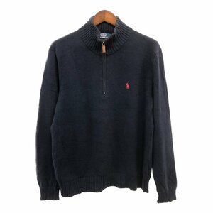 90年代 Polo by Ralph Lauren ポロ ラルフローレン ハーフジップ ドライバーズニット セーター ネイビー (メンズ L) 中古 古着 P8758