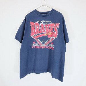 SALE///// 90s USA製 MLB アトランタ・ブレーブス 半袖 プリントTシャツ プロチーム 野球 ベースボール ネイビー ( メンズ XL ) N0261