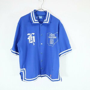SALE///// 90s USA製 Champion ナイロン 半袖 ベースボール シャツ スナップボタン 襟付き スポーツ ブルー ( メンズ M ) N1062