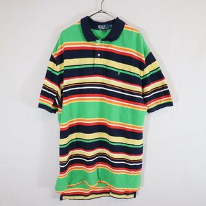 SALE///// 90s Polo Ralph Lauren ラルフローレン 半袖 ボーダーポロシャツ ハーフボタン 刺繍ロゴ グリーン ( メンズ XL ) N3299