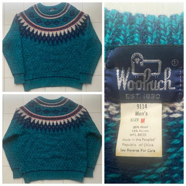 送料無料 美品 80s 90s vintage ビンテージ woolrich ウールリッチ NORDIC ノルディック 総柄 knit ニット セーター ターコイズ ネイティブ