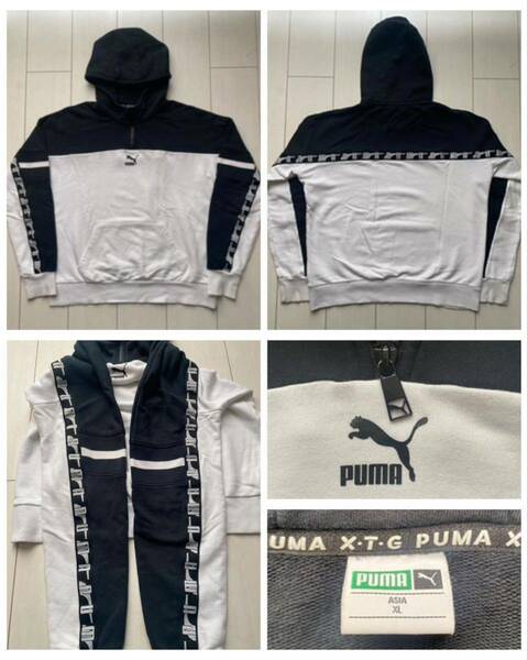 送料無料 PUMA プーマ XTG ハーフジップ プルオーバー スウェット パーカー センターロゴ ツートーン 切替 ホワイト ブラック 白 黒 XL 90s