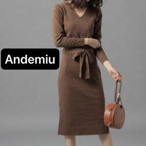 美品　Andemiu アンデミュウ　リブＩライン　ニットワンピース