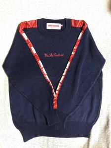 ヴィンテージ/ビンテージ 若干使用感有 人気 日本製 mikiHOUSE MEN'S/ミキハウス メンズ 刺繍x袖口にテープxロゴ入り ウールセーター 紺 M