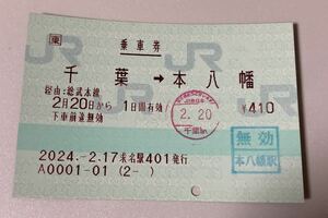 求名駅　JR東日本 POS端末発行 片道乗車券(千葉→本八幡)