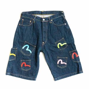 【美品/濃紺】EVISU PARIS【メニーポケット デニムパンツ】36　ハーフパンツ エビス ジーンズ 2402151