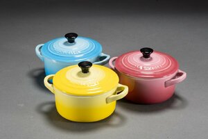 【善古堂】某有名収集家買取品 時代物LE CREUSET ルクルーゼ 蓋物三点セット 洋食器具 骨董品 古美術0213-19　