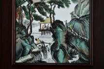 【善古堂】某名家委託品 中国時代物 青緑山水図瓷板 在銘 額装 古美術 骨董品1210-14　_画像4