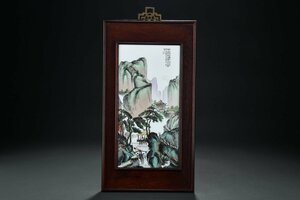 【善古堂】某名家委託品 中国時代物 青緑山水図瓷板 在銘 額装 古美術 骨董品1210-14　