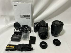 【AS 21417】1円～ Nikon ニコン D3000 デジタル一眼カメラ ボディ + 18-55mm 55-200mm レンズ ブラック 中古 ジャンク 現状品