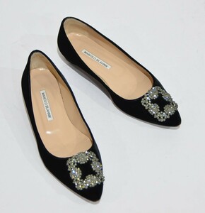 MANOLO BLAHNIK マノロブラニク ハンギシベルベットフラットシューズ パンプス ブラック 37 1/2 Y-29766B