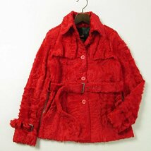 売切り!!★r6fu021806★FURS FERRE ジャンフランコフェレ 染め 赤系 ラムファー ウエストベルト付き コート 柄裏地 着丈70cm 44_画像1