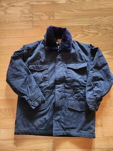 送料込　1980年代品■WORK BOX 防寒コート　作業服　表地：綿100％　上質な衿ボア　内側にボア　日本製　ネイビー M