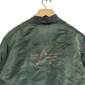【 ALPHA 】 90s アメリカ 製 バック ロゴ 刺繍 MA-1 フライト ジャケット L カーキ オリーブ USA アルファ
