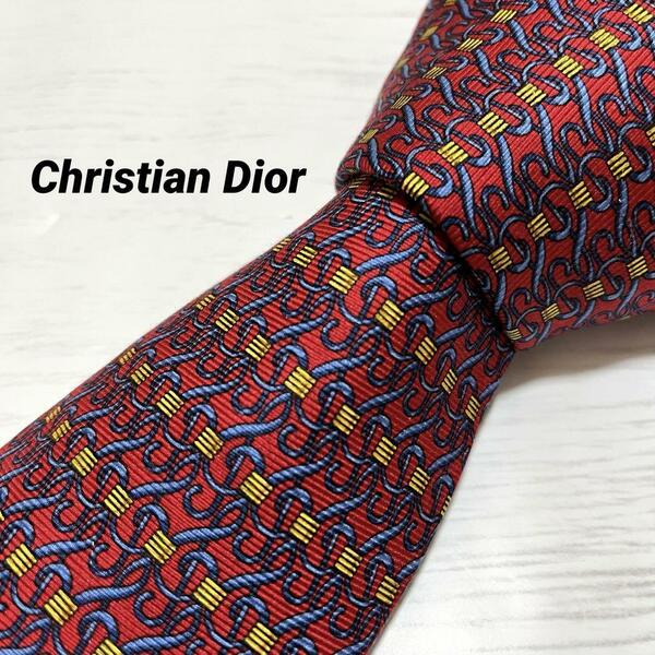 送料無料　美品　クリスチャンディオール　Christian Dior ネクタイ シルク100％ 赤 ボルドー　総柄　絹　ビジネススーツ　ハイブランド