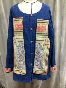 タイ　メオ(モン)族　ジャケット　手刺繍　民族衣装藍染め木綿古布古着