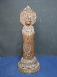 27　仏教美術　在銘　木彫　白衣観世音菩薩立像　高48.5ｃｍ