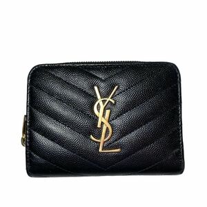 極美品　イヴサンローラン SAINT LAURENT キャビアスキン　Vステッチ 財布 黒 ブラック系１円スタート