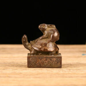 【古寶奇蔵】銅製・龜兔印章・置物・賞物・中国時代美術